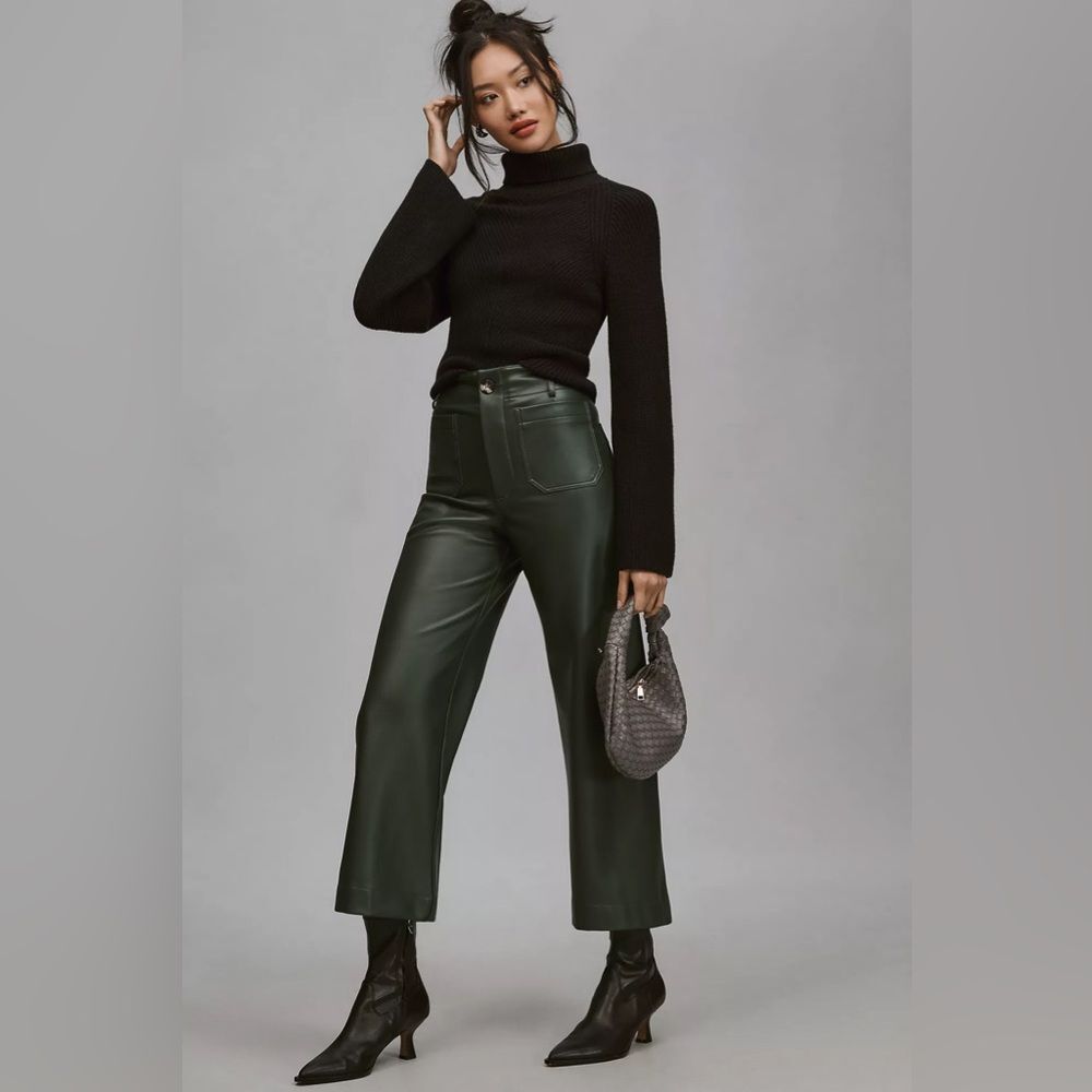 Maeve by Anthropologie The Colette Olive Faux Leather Wide-Leg Pants Sz 30 Chic